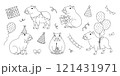 Funny festive capybaras coloring page. Outline set with gifts, balloons, party hats, garlands, bows and cupcake. Cute capibaras in different poses for greeting card, banner. Coloring book for print 121431971