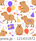 Seamless pattern with funny festive capybaras, gifts, balloons, party hats, garlands, bows and cupcake on white. Cute birthday capibaras. Vector flat illustration for wallpaper, textile, packaging 121431972