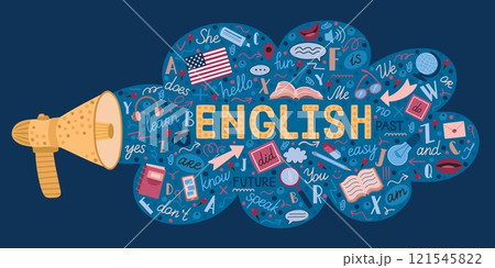 Speak English. Foreign language learning course or grammar textbook. Megaphone speaker. Education class. Loudspeaker speech bubble. Vocabulary dictionary. Vector school lesson banner 121545822