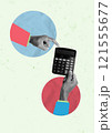 Creative Collage of Hands Using Calculator on Colorful Geometric Background for Business and Finance Concepts 121555677