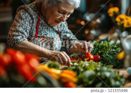 Elderly woman preparing fresh vegetables in a cozy kitchen culinary art indoor close-up passion for cooking 121555896