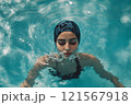 Arabian woman in burkini swims in the pool 121567918