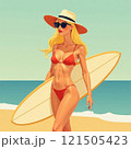 Blonde girl with surfboard on the ocean 121505423