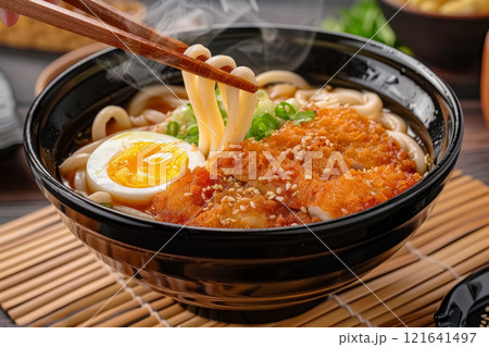 Close-up of Japanese katsu udon dish with noodles, baked of breaded pork patty and half egg topped green onions on bamboo mat on wooden table, person holding noodles with chopsticks above black bowl 121641497