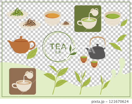 Green tea, matcha, and roasted green tea illustration set 121670624