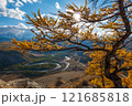 Scenic autumn landscape with river and golden tree under sunlight 121685818