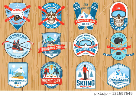 Set of Ice Hockey club, ski and Snowboard Club sport retro badge, patch with ski glasses, hockey player, sticker, puck, skeleton, winter sport hat, skate, helmet, snowboarder and mountain. 121697649