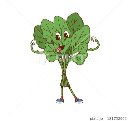 Cartoon spinach vegetable groovy character. Vegetarian food fresh vegetable 60s 70s cartoon personage. Farming ripe veggie vintage groovy isolated vector character or spinach leaves funny mascot 121752963