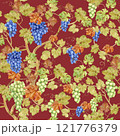 Seamless background with grapevine on red background. Watercolor blue and green autumn grape berries and leaves. Illustrations for textile design. 121776379