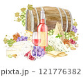 Pink wine and snack on a wooden barrel background. Bottle of light wine, glass of rose wine, grapes, brie and cheddar cheese, blue cheese with mold and figs. Watercolor illustration in retro style. 121776382