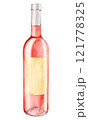 Watercolor rose wine bottle with old paper label. Hand drawn clipart of alcoholic drink for party and event. Illustration for tasting, menu, cafe, bar, posters and wine list design. 121778325