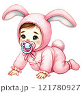 Cute baby dressed as a bunny, crawling with a pacifier. Baby shower clipart cartoon 121780927