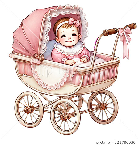 Cute baby in a vintage stroller, smiling happily outdoors. Baby shower clipart cartoon 121780930