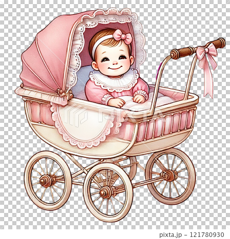 Cute baby in a vintage stroller, smiling happily outdoors. Baby shower clipart cartoon 121780930