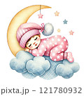 Cute baby sleeping peacefully on a cloud under the moon. Baby shower clipart cartoon 121780932