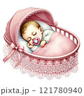 Sweet baby sleeping in a pink crib with a pacifier. Baby shower clipart cartoon 121780940