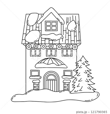 Coloring book for adults, cute Christmas house. vector illustration in doodle style. 121790365