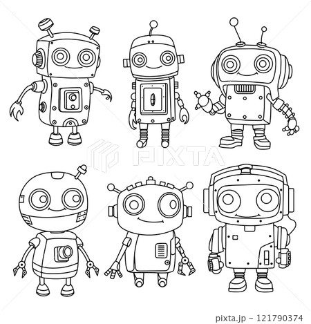 children's coloring book, set of cute robots. vector illustration in doodle style. 121790374