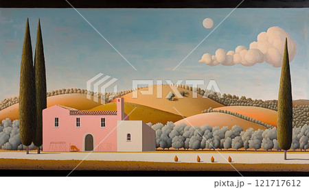 serene rural landscape featuring pink house, cypress trees, and rolling hills 121717612