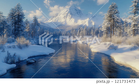 Winter landscape of a serene snowy forest with a clear river and towering mountains under a golden sunrise 121731473