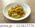 stir fried pickled cabbage with slice pork stomach and chili on plate  121817776