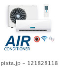 Split system air conditioner inverter. Realistic conditioning with with WiFi control over the internet and Antivirus features and remote control. Vector illustration climate control system 121828118