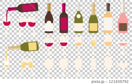 Wine bottles and glasses flat illustration set 121830792