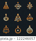 Festive symbols of the holiday season arranged in a grid showcasing trees, ornaments, and snowflakes in a minimalist design 122246057