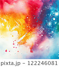 Vibrant abstract watercolor artwork featuring a blend of red, orange, blue, and white colors, showcasing dynamic splashes and spots 122246081