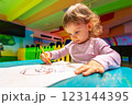 Toddler deeply focused on drawing in a vibrant and playful creative space. 123144395