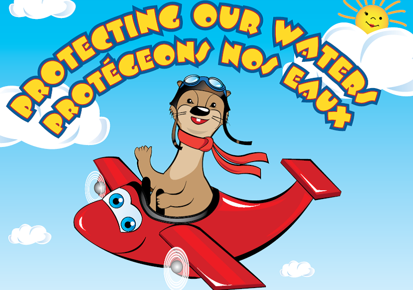 A caricature of Dash the Otter flies a NASP plane on the cover of a colouring book titled: Protecting Our Waters