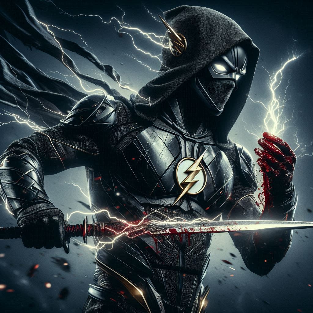 The Flash character. One male character. Wearing black speedster armor and hood. Wearing black helmet. Conjuring white lightning. Body generating white lightning. Wielding sword. Bloody.