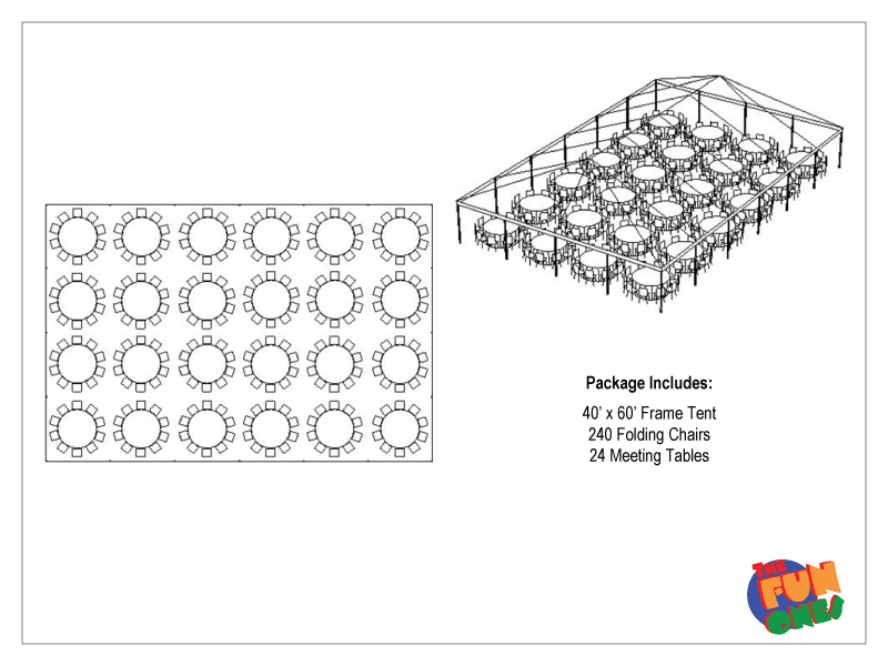 Basic black outlined 40 by 60 frame tent diagram showing twenty-four, 60-inch-round tables, and 240 chairs around the tables with 9 to 10 chairs per table.