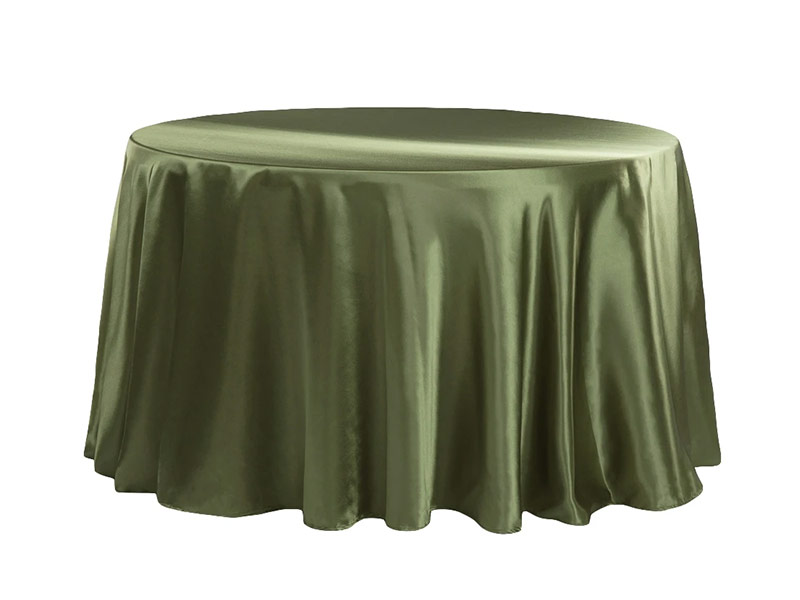 Dark green satin table linen rental on white background.