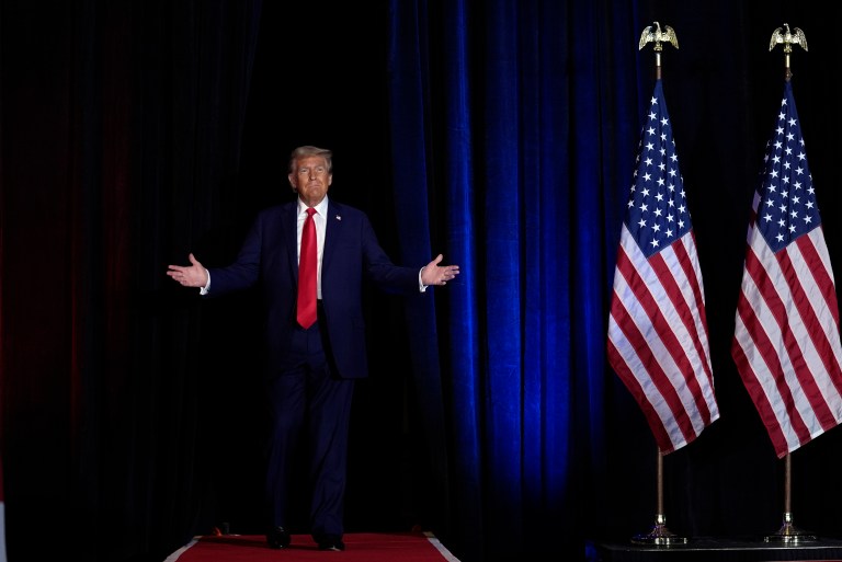 Republican presidential nominee former President Donald Trump arrives at a faith event at the Concord Convention Center, Monday, Oct. 21, 2024, in Concord, N.C.