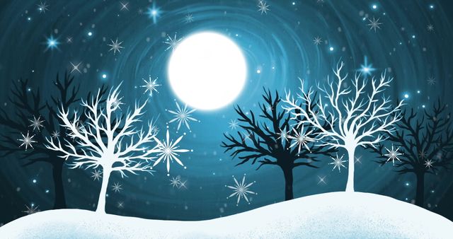 Scene shows winter landscape during night. Bare trees under bright full moon with snow gently falling. Great for holiday greeting cards, winter event promotions, or seasonal backgrounds.