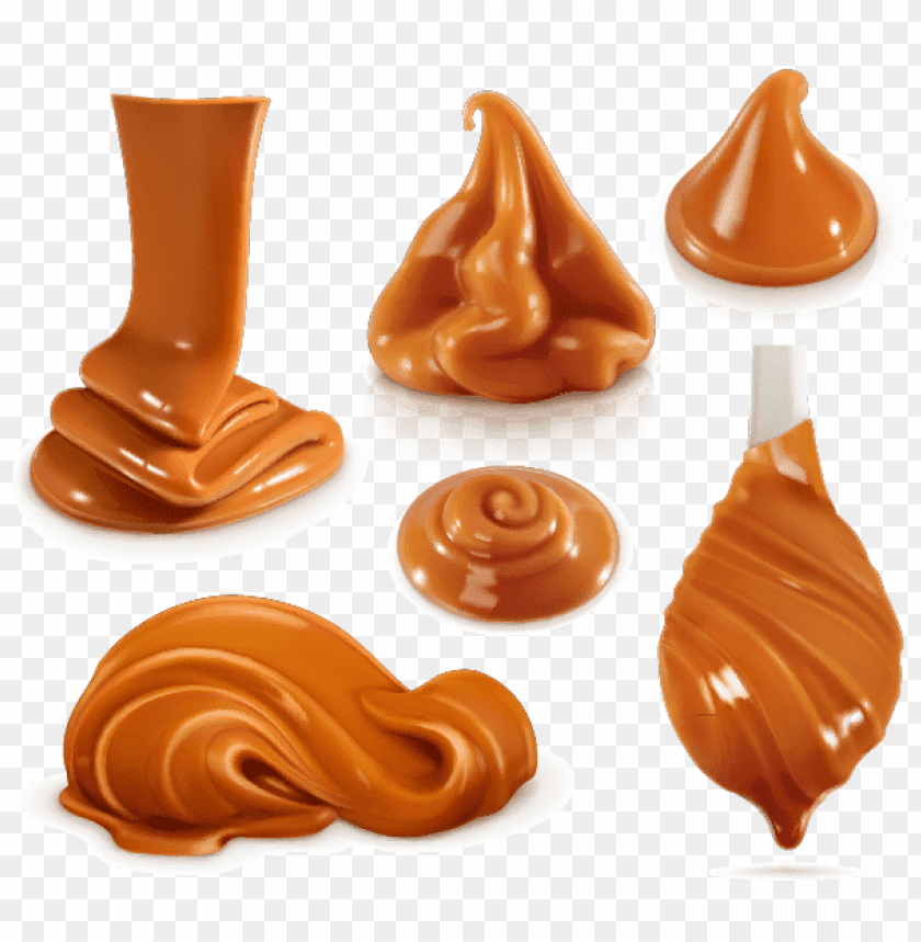 Various creamy caramel textures and shapes on a transparent background PNG