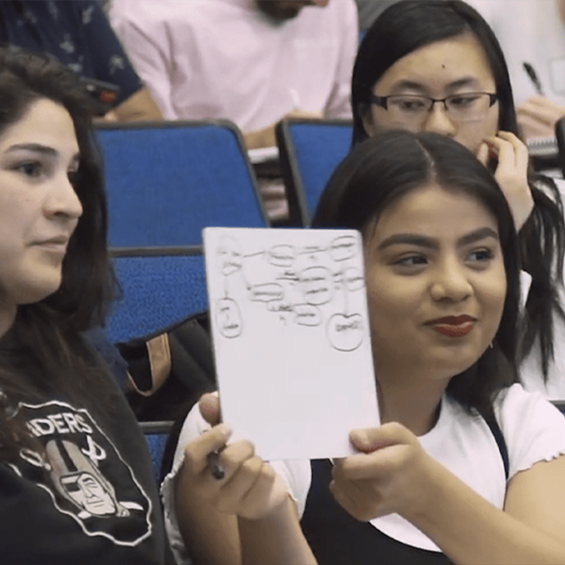 Grad student holding up a piece of paper, sharing their work.