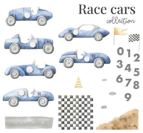 Race Cars Watercolor Clipart Blue Race Car Kids Clipart Etsy