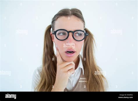 Female Geeky Hipster Looking Confused Stock Photo Alamy