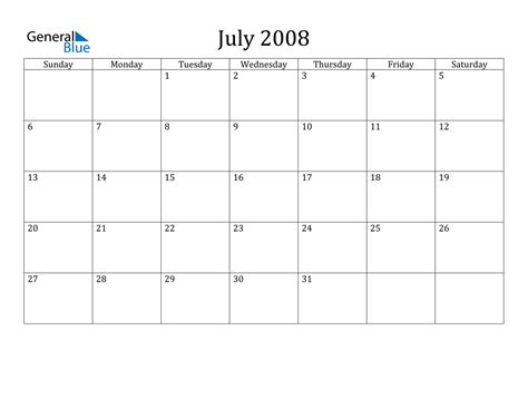 July 2008 Calendar Pdf Word Excel