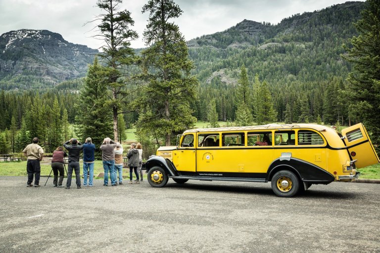 group of tourists viewing landscape with bus