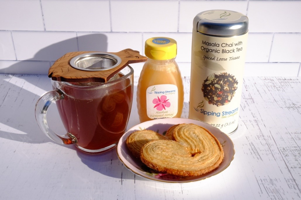 tea, honey, biscuits