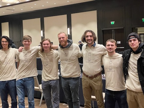 UAF Chess Club at the Pan-American Chess Tournament 2023 in Seattle. From left to right: Logan Borger, Luke Martin, David Schweizer, Matthew Dominick, Michael Martins, Evan Nichols, and Josh Costello.