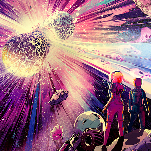 Graphic depiction of two astronauts viewing an explosion in space