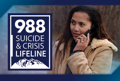 Photo of woman on the phone with 988 Suicide and Crisis Lifeline number graphic overlay.