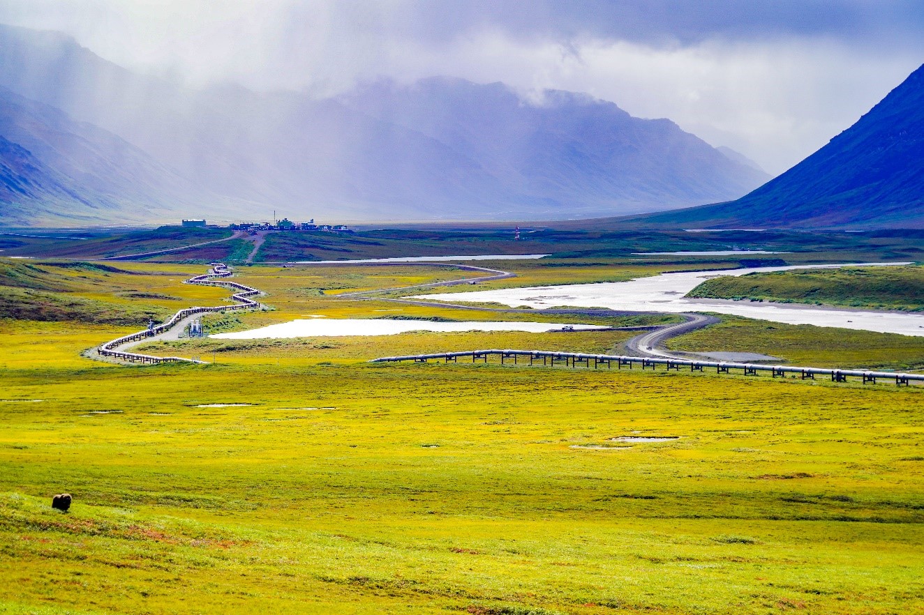 The trans-Alaska pipeline winds across a valley on the Dalton Highway as 10 electric vehicles drive to the Arctic Ocean during the first Arctic Road Rally. Photo by Michael Lindemann.