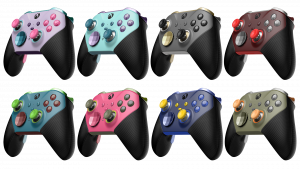 Two rows of colourful Xbox controllers with four controllers in each line