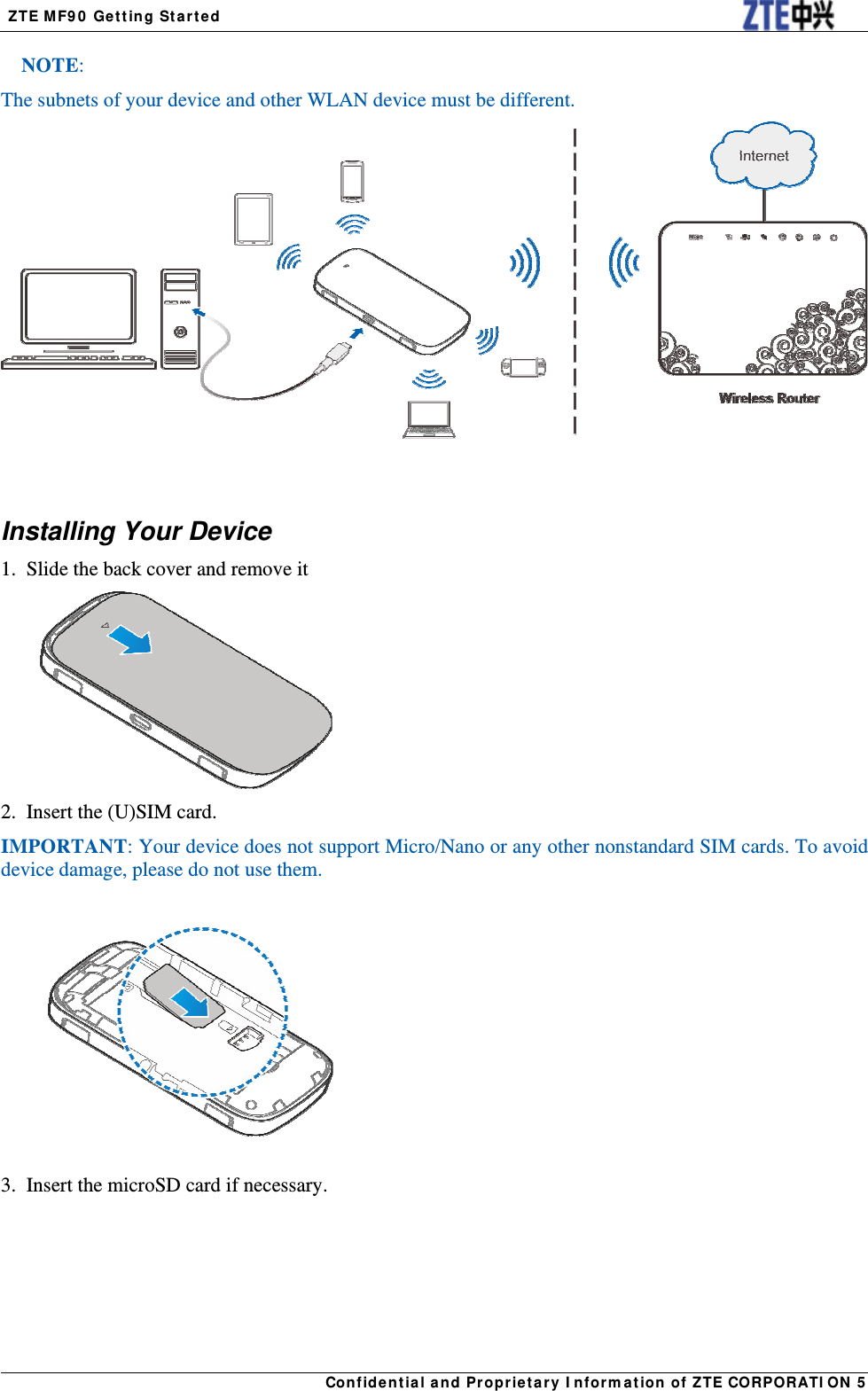  ZTE MF90 Getting Started Confidential and Proprietary Information of ZTE CORPORATION 5NOTE: The subnets of your device and other WLAN device must be different.     Installing Your Device 1.  Slide the back cover and remove it  2.  Insert the (U)SIM card. IMPORTANT: Your device does not support Micro/Nano or any other nonstandard SIM cards. To avoid device damage, please do not use them.         3.  Insert the microSD card if necessary. 