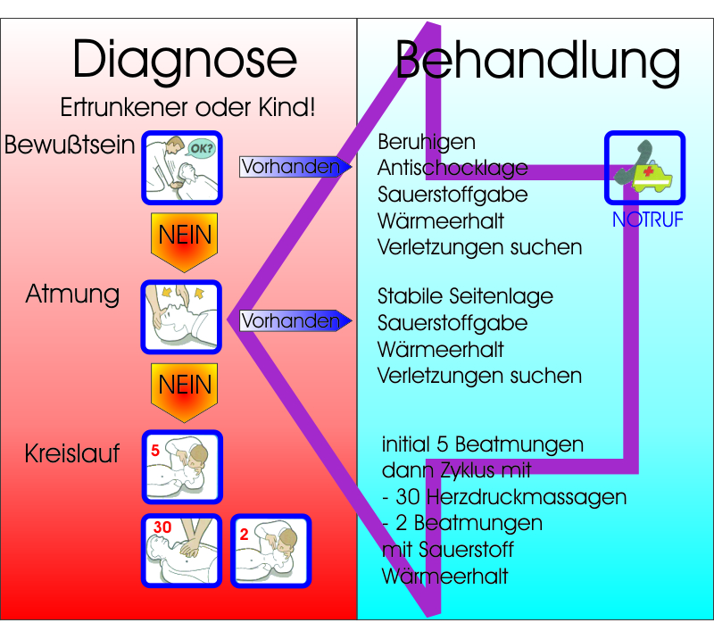 Standard-Basismaßnahmen der Reanimation bei Kindern und Ertrunkenen